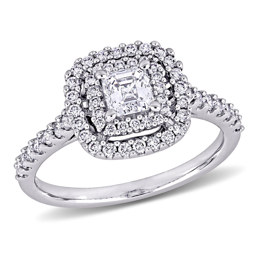 1.00 Carat (ctw G-HSI1-SI2) Diamond Double Halo Engagement Ring in 14K White Gold Image 1