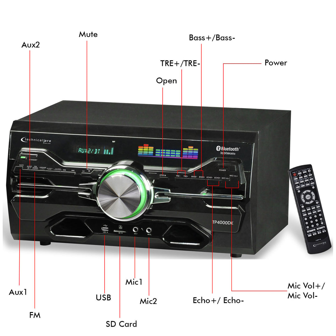 Technical Pro 3800W Bluetooth Audio Receiver DVD Player Dual Mic USB SD Inputs Image 4