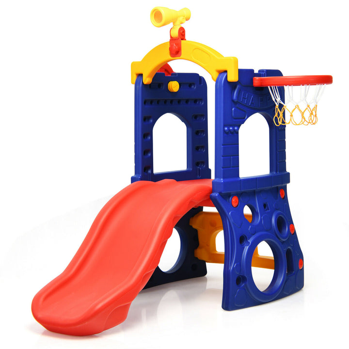 6-in-1 Freestanding Kids Slide w/ Basketball Hoop Play Climber Slide Set Image 1