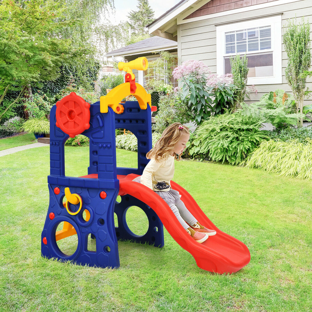 6-in-1 Freestanding Kids Slide w/ Basketball Hoop Play Climber Slide Set Image 4