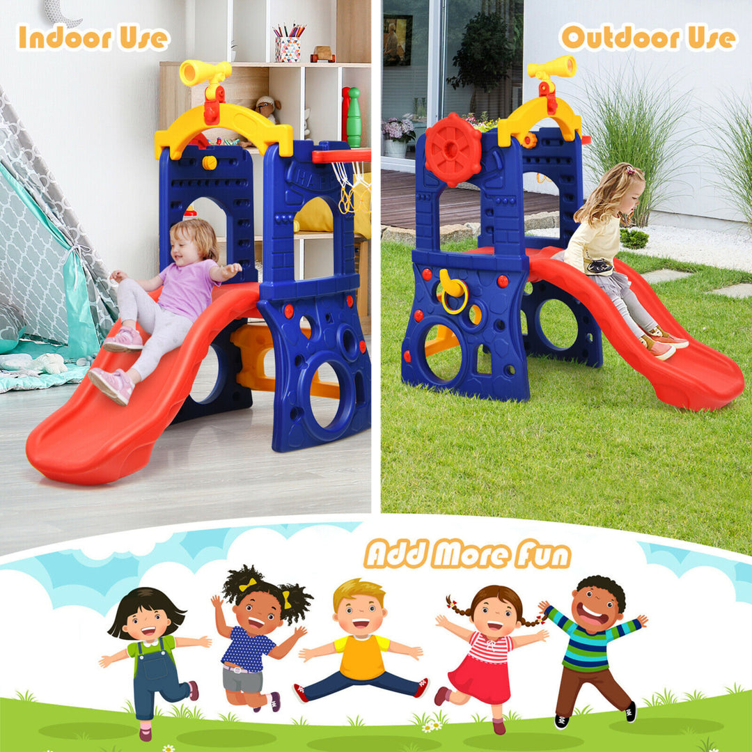 6-in-1 Freestanding Kids Slide w/ Basketball Hoop Play Climber Slide Set Image 7