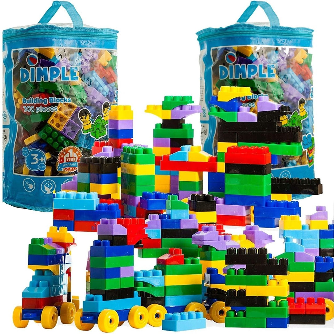 (2 Set) Dimple 300 Pieces Soft Kid-Friendly Plastic Multicolored Building Block Set with Wheeled Train Pieces, Gift for Image 1