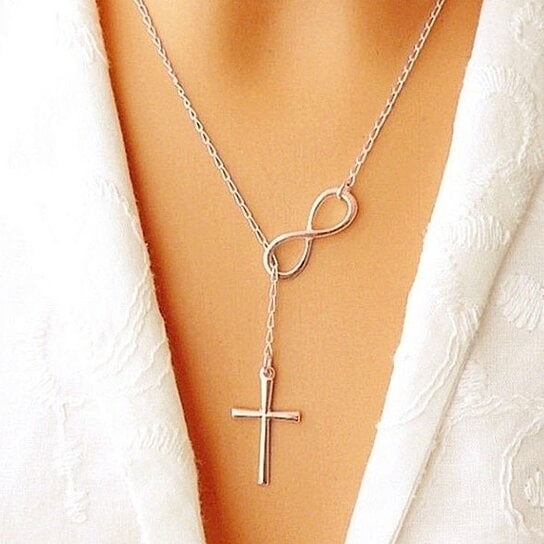 Silver Filled High Polish Finsh Infinity Drop Cross Lariat Necklace Image 1