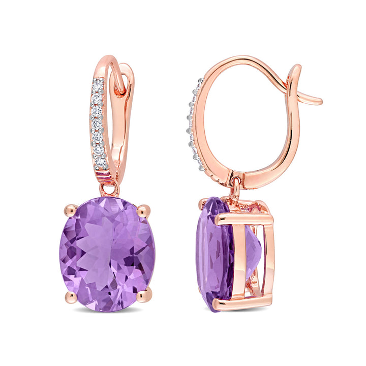 7.40 Carat (ctw) Amethyst Drop Leverback Earrings in 14K Rose Pink Gold with Diamonds Image 1