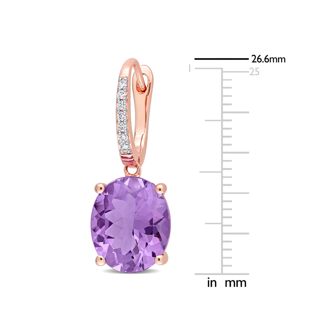 7.40 Carat (ctw) Amethyst Drop Leverback Earrings in 14K Rose Pink Gold with Diamonds Image 3