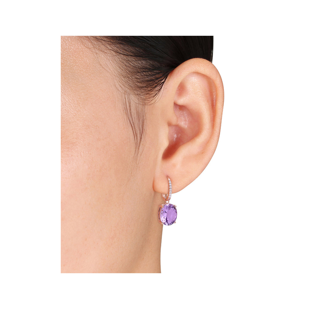 7.40 Carat (ctw) Amethyst Drop Leverback Earrings in 14K Rose Pink Gold with Diamonds Image 4