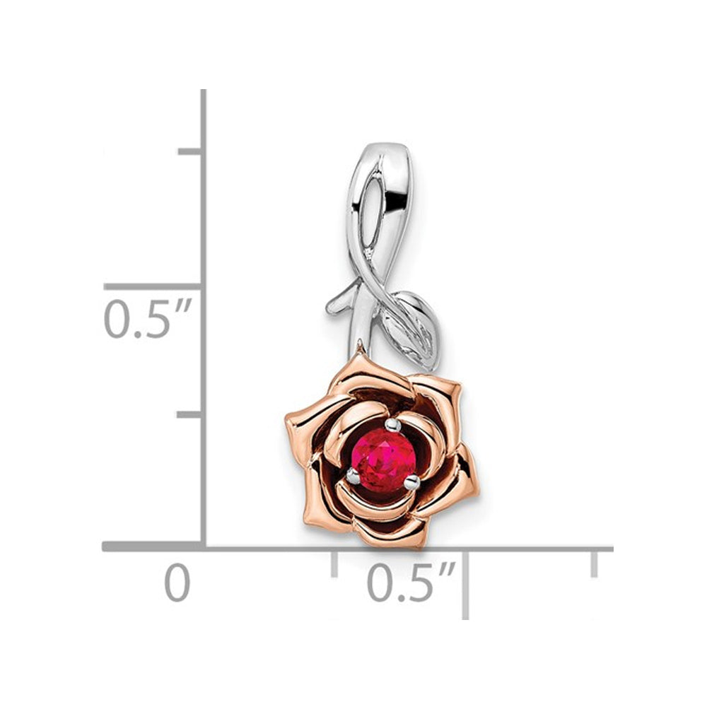 1/7 Carat (ctw) Ruby Flower Charm Pendant Necklace in 14K White and Rose Gold with Chain Image 2