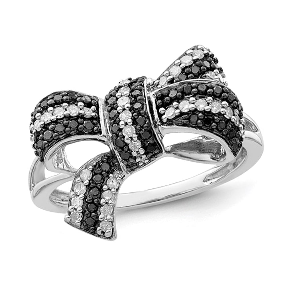 1/3 Carat (ctw) Black and White Diamond Bow Ring in Sterling Silver Image 1