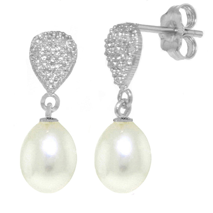 14k White Gold Dangle Earrings with Cultured Pearls and Diamonds Image 1