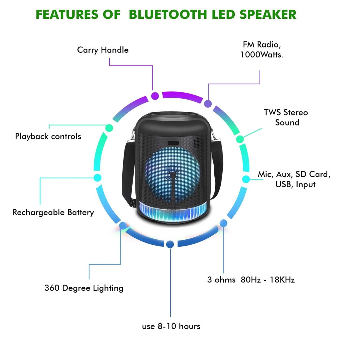 Technical Pro 600 Watts Rechargeable 8" Bluetooth LED Speaker with USB Card Aux Mic Inputs,FM Radio TWS Stereo Sound Image 3