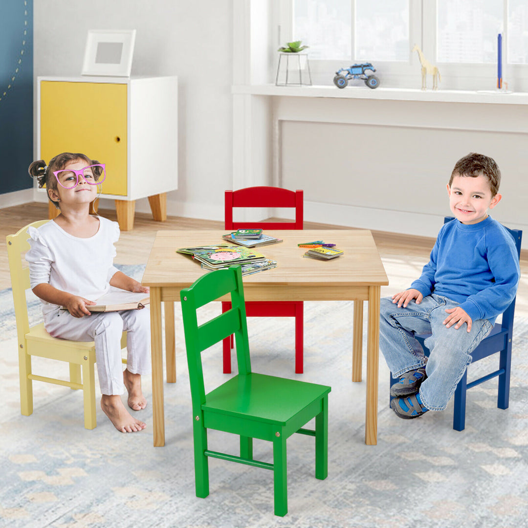 Kids 5 Piece Table Chair Set Pine Wood Multicolor Children Play Room Furniture Image 4