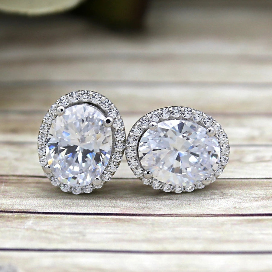 Swarovski Crystal Oval Cut Halo Stud Earrings 18K White Gold Plated Brass Image 1