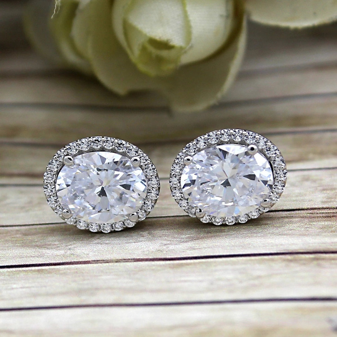 Swarovski Crystal Oval Cut Halo Stud Earrings 18K White Gold Plated Brass Image 2