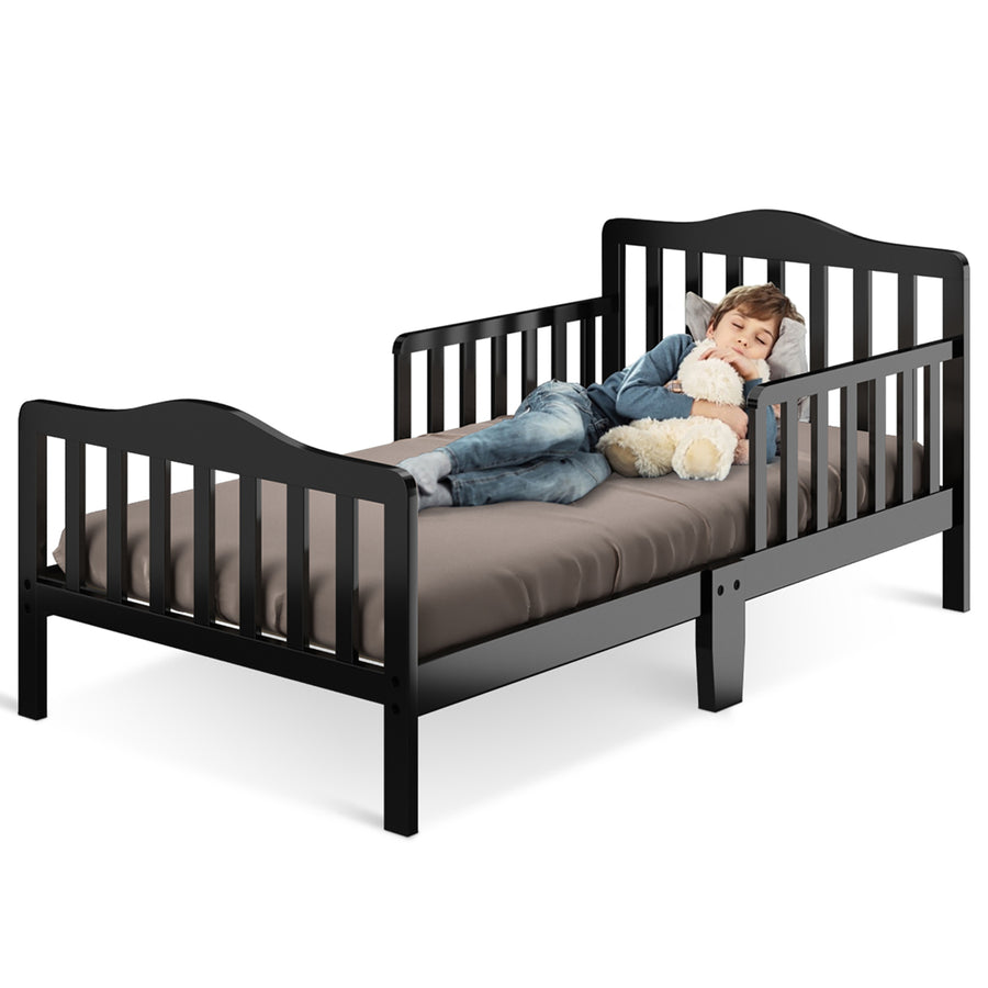 Kids Toddler Wood Bed Bedroom Furniture w/ Guardrails Black/Brown/Grey/White Image 1