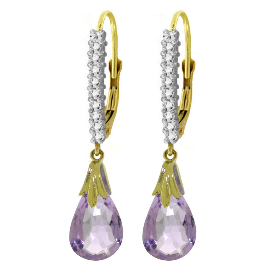 6.3 Carat 14k Solid Gold Diamond Leverback Earrings with Natural Briolette Amethysts Image 1