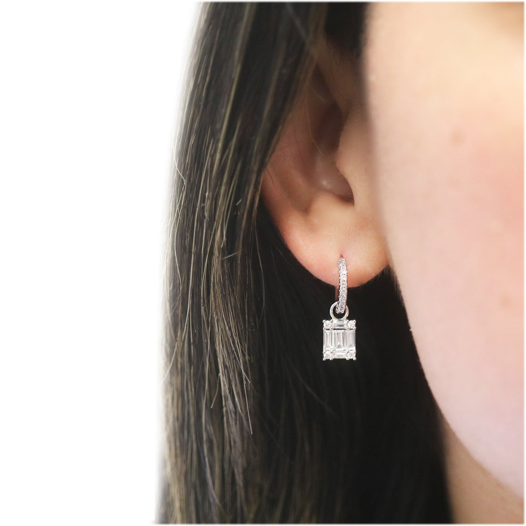 Round Emerald Cut Huggie Drop Earrings 18K White Gold Plated Swarovski Crystals Image 2