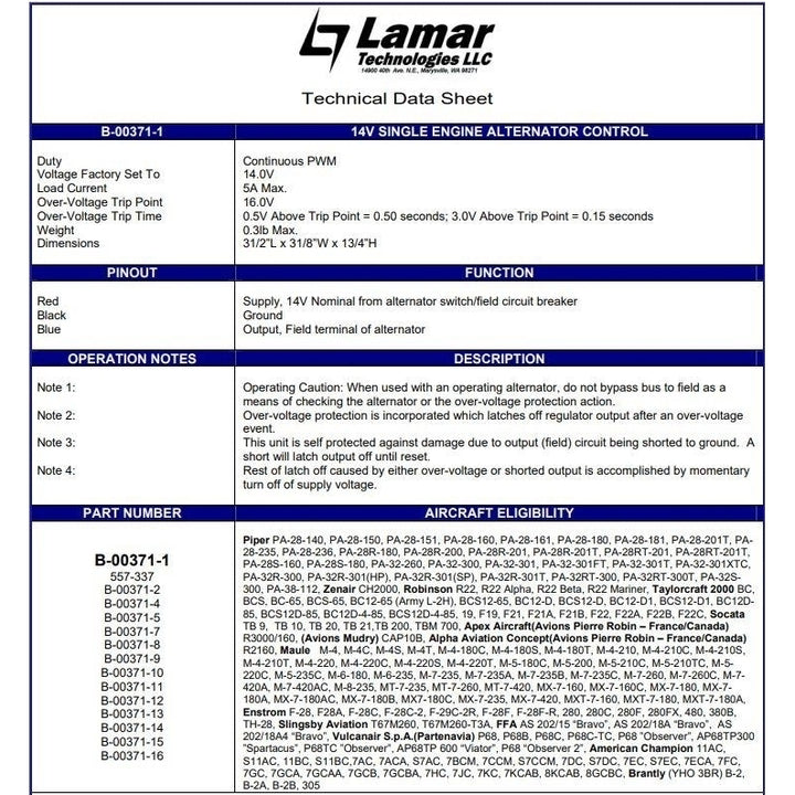 Lamar Aircraft Voltage Regulator 14 Volt - B-00371-1 Image 2