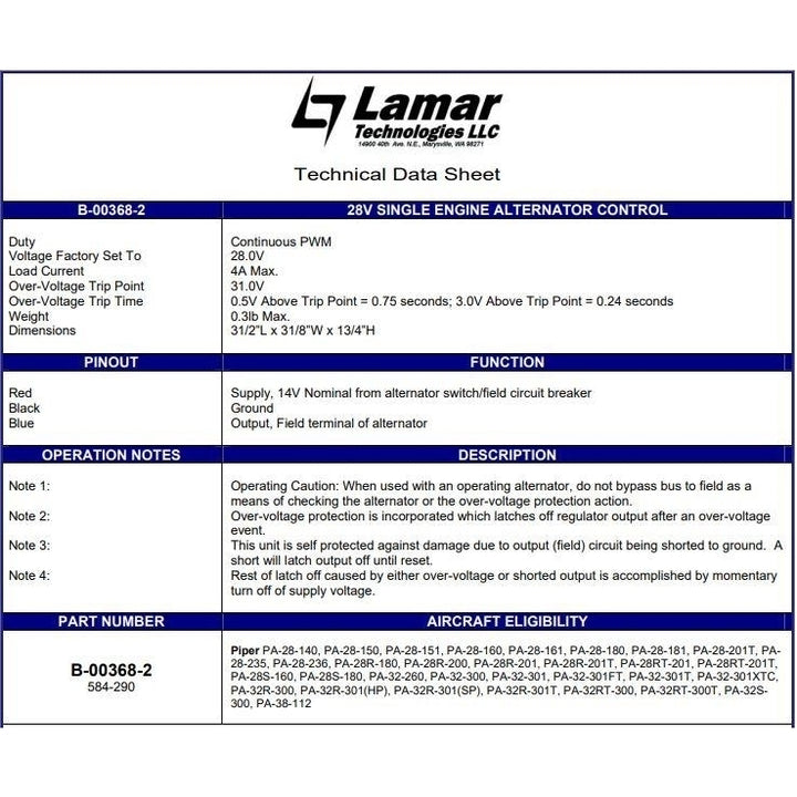 LAMAR B-00368-2 28V Voltage Regulator ALTERNATOR Control Image 2