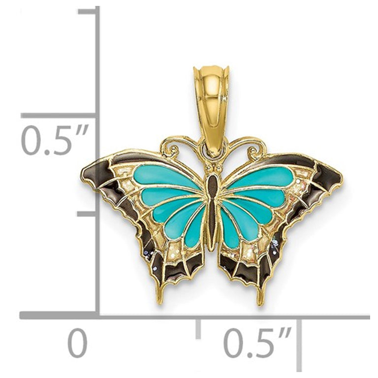 Aqua Butterfly Charm Pendant Necklace in 10K Yellow Gold with Chain Image 2
