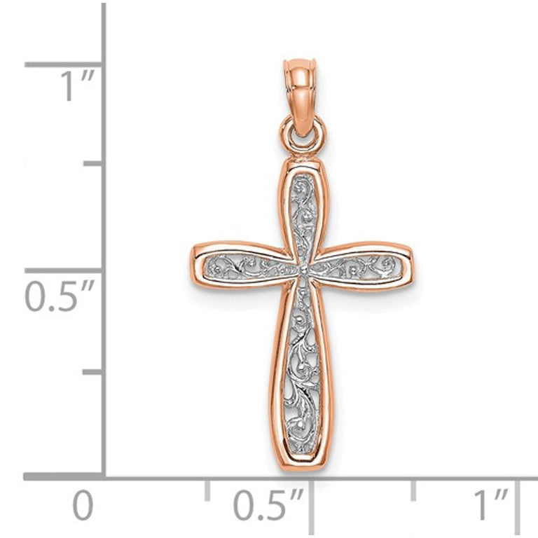 10K Rose Pink Gold Filigree Cross Pendant Necklace with Chain Image 2