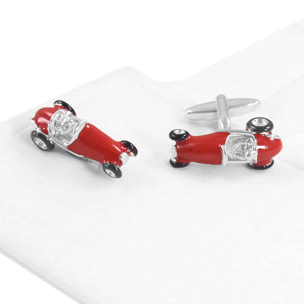 Old School Race Car Cufflinks Red Enamel with Silver Trim Cuff Links Image 2