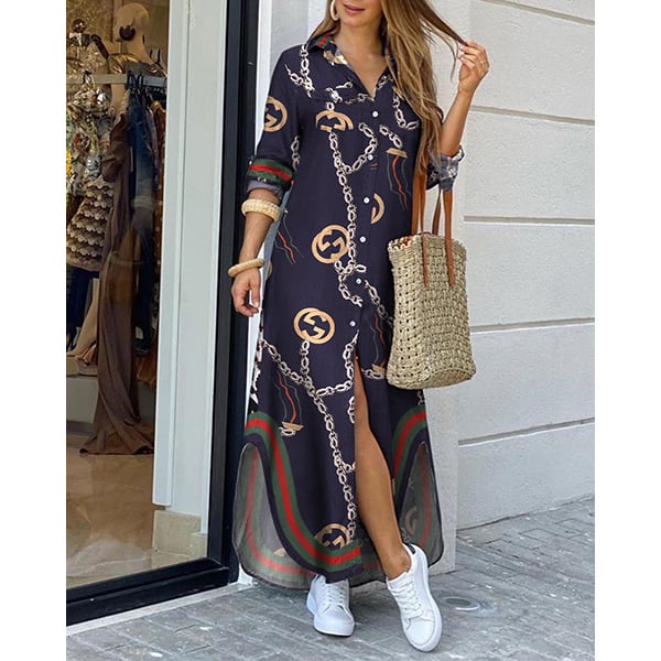 Chain Print Slit Buttoned Shirt Dress Image 1