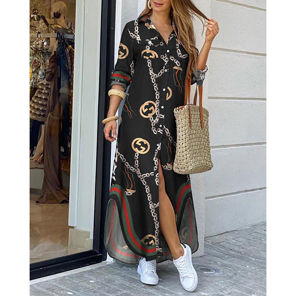 Chain Print Slit Buttoned Shirt Dress Image 4