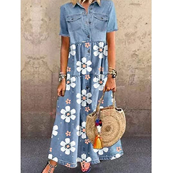 Womens Floral Printed Denim Shirt Dress Maxi Dress Image 1