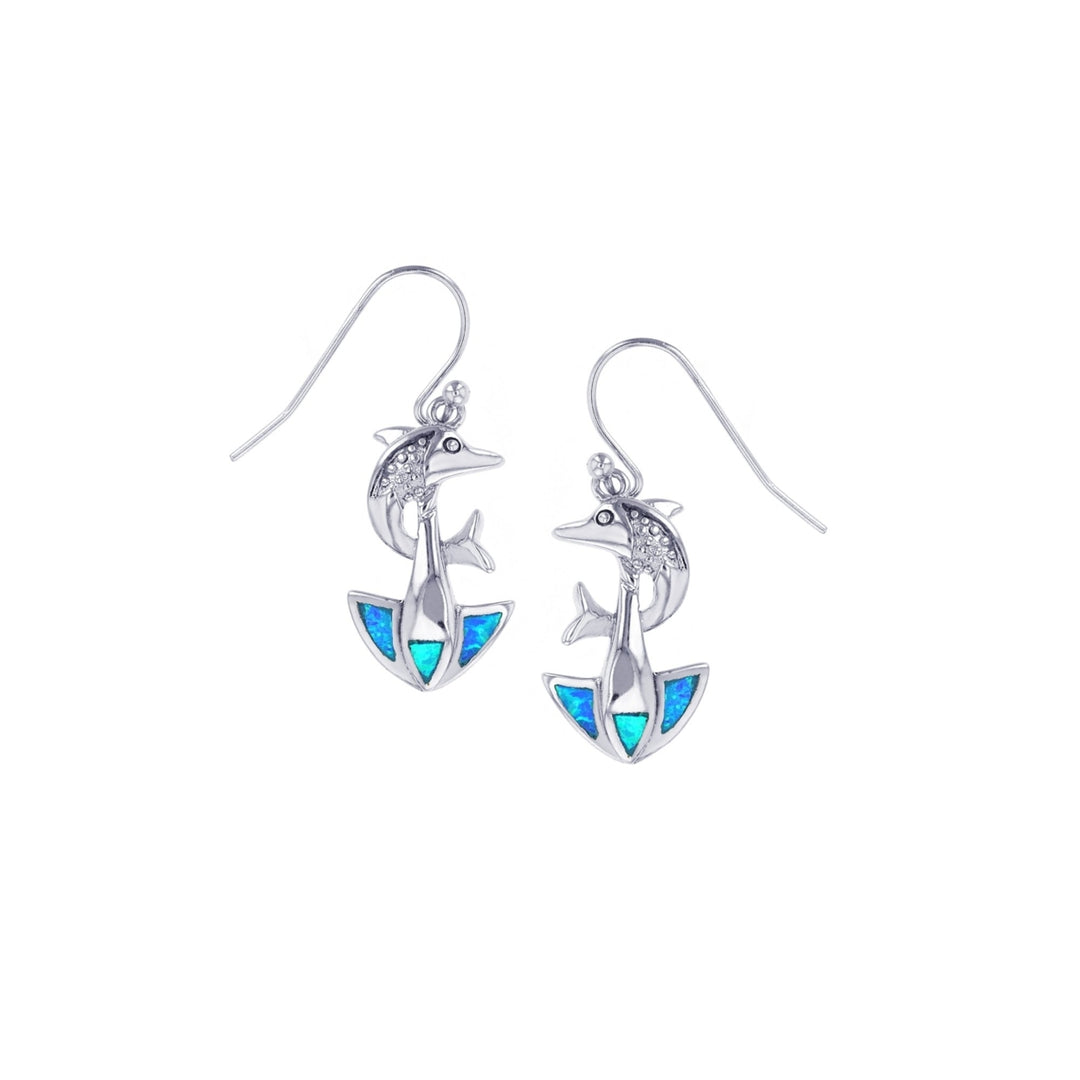 Sterling Silver Created Blue Opal Anchor with Dolphin Dangle Earrings Image 1