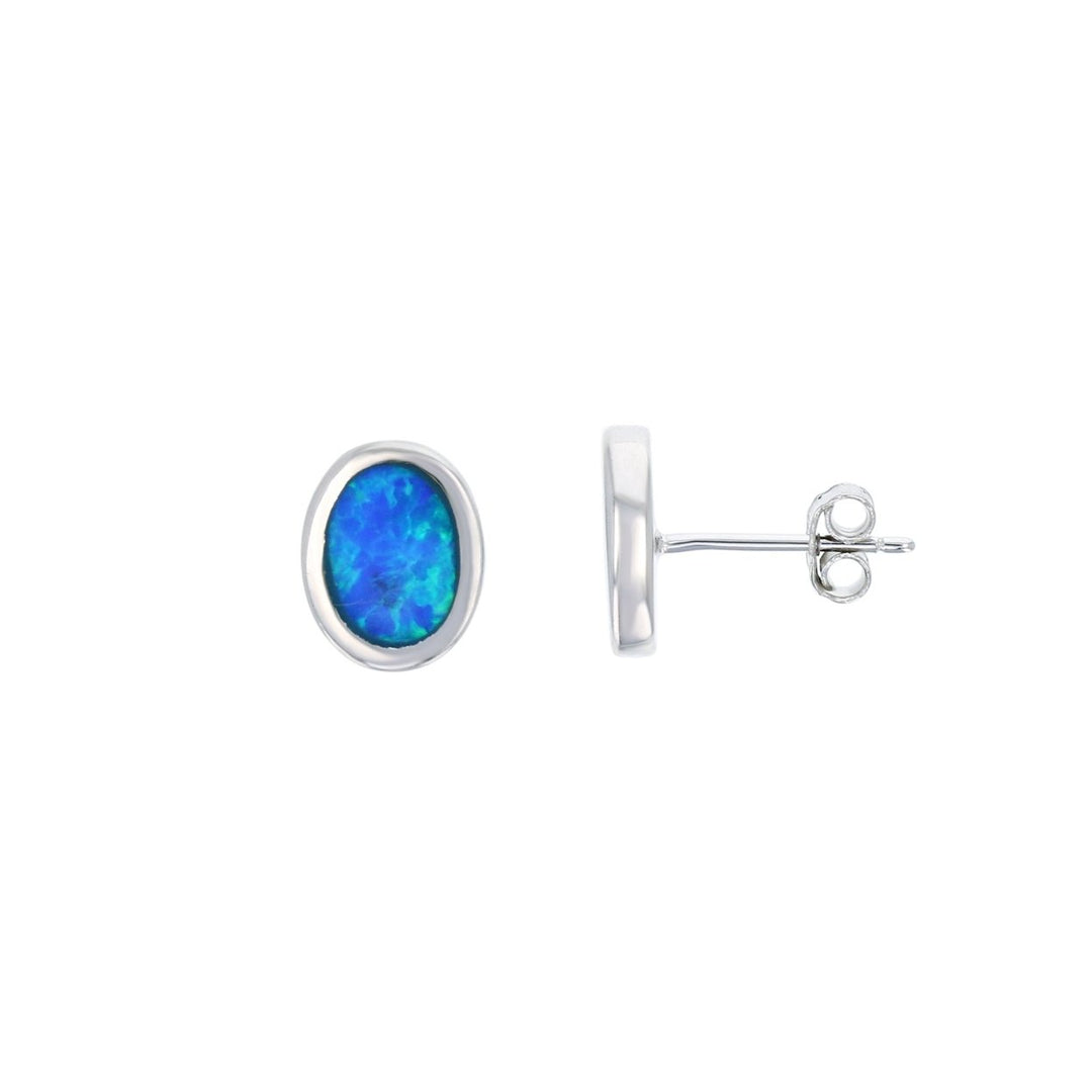 Sterling Silver Created Blue Opal 8x10 mm Oval Bezel Stud Earrings Image 1