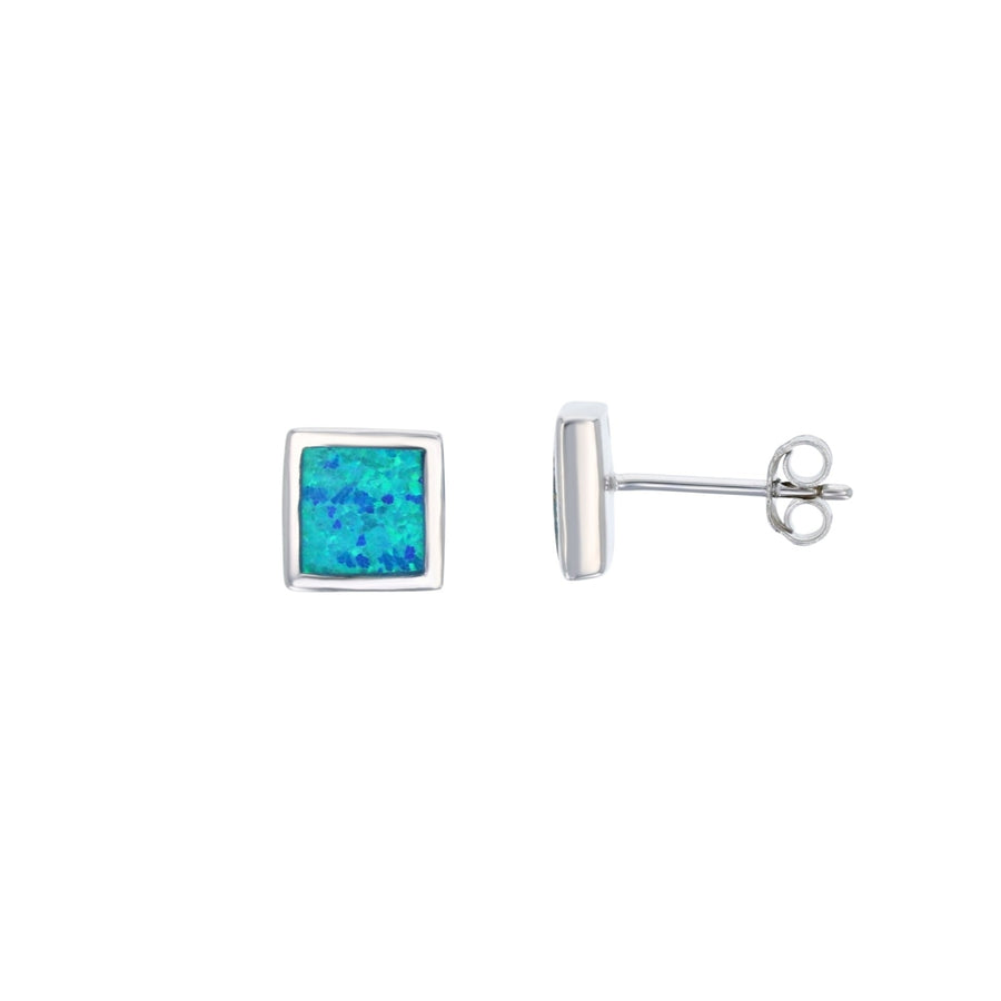 Sterling Silver Created Blue Opal 7 mm Square Bezel Stud Earrings Image 1