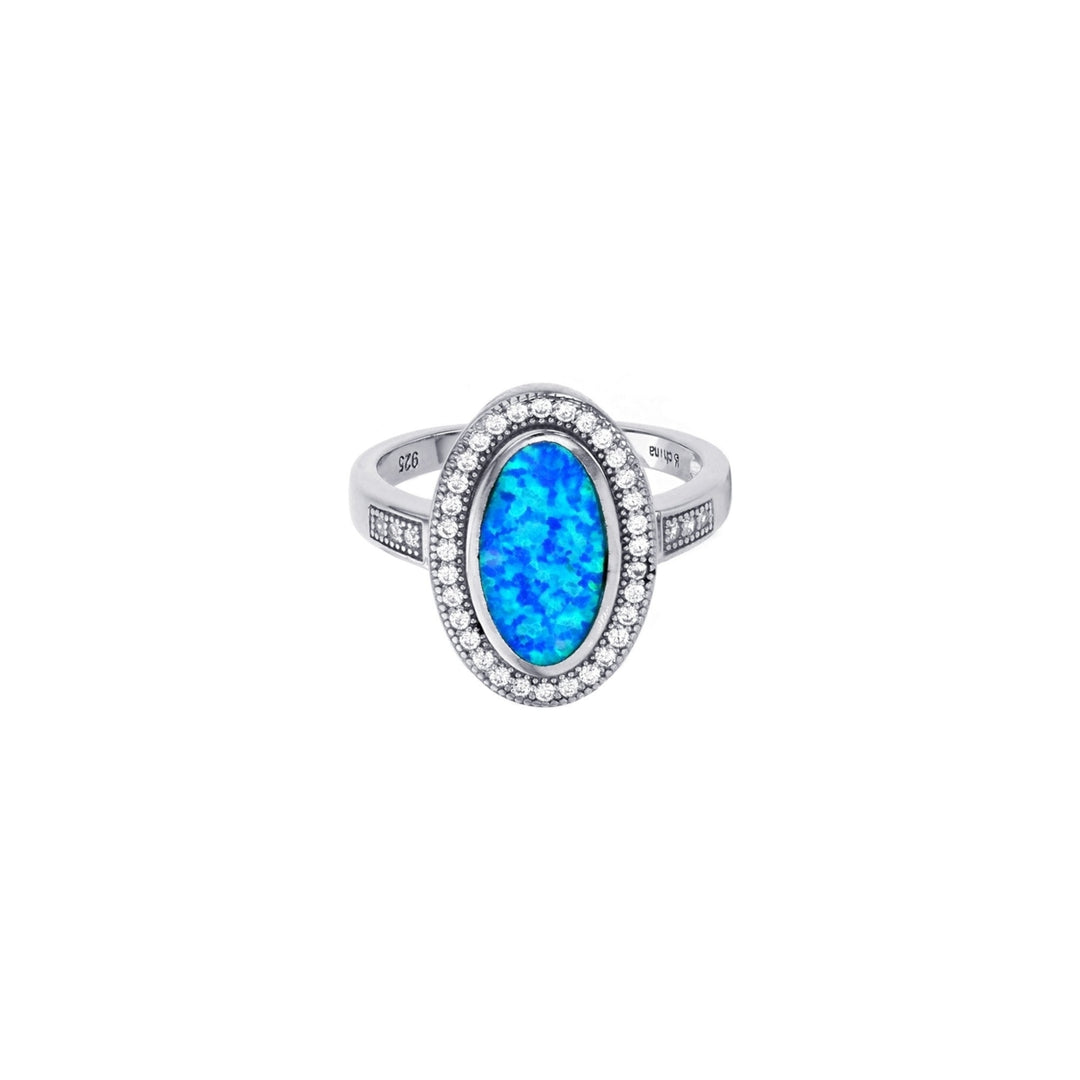 Sterling Silver Created Blue Opal Oval Halo CZ Ring Image 1