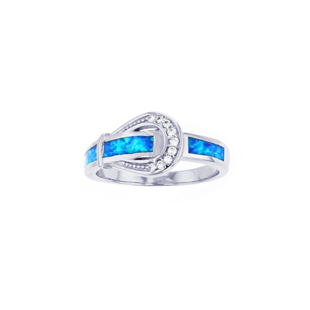 Sterling Silver Created Blue Opal With CZ Belt Design Ring Image 1