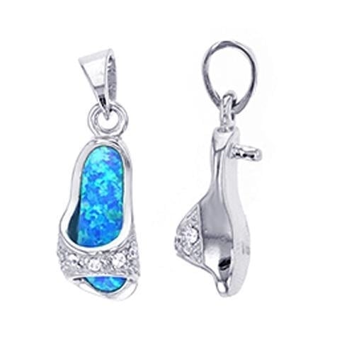 Sterling Silver Created Blue Opal and CZ Sandal Pendant Necklace Image 1