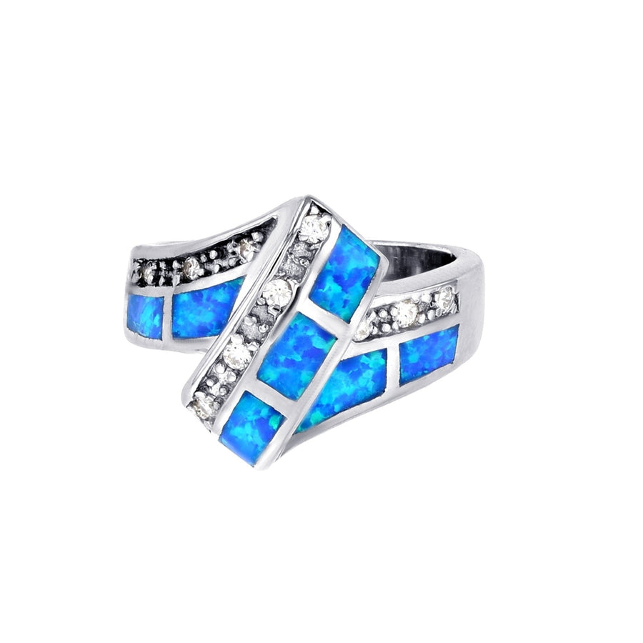 Sterling Silver Created Blue Opal With CZ Fancy Ring Image 1