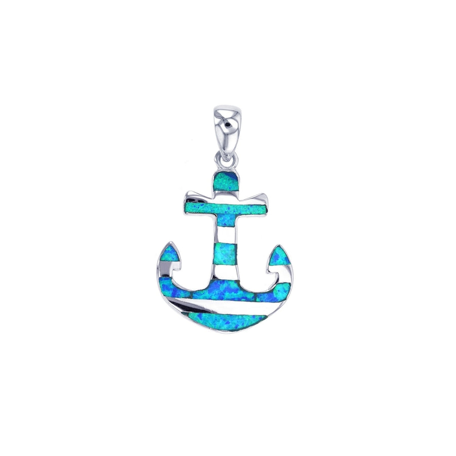 Sterling Silver Created Blue Opal Anchor Pendant Necklace Image 1