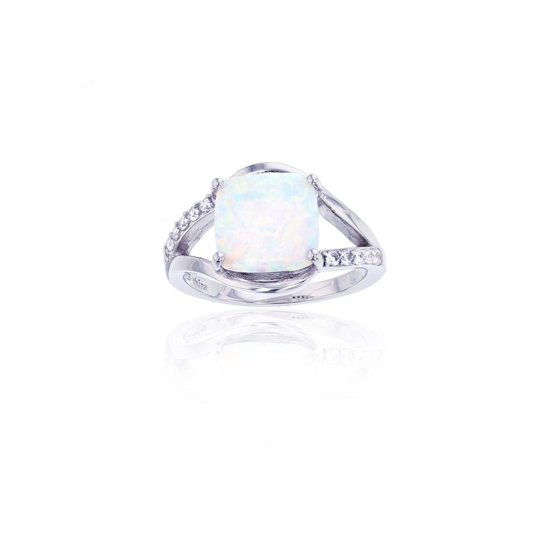 Sterling Silver Created White Opal Rectangle with CZ Ring Image 1