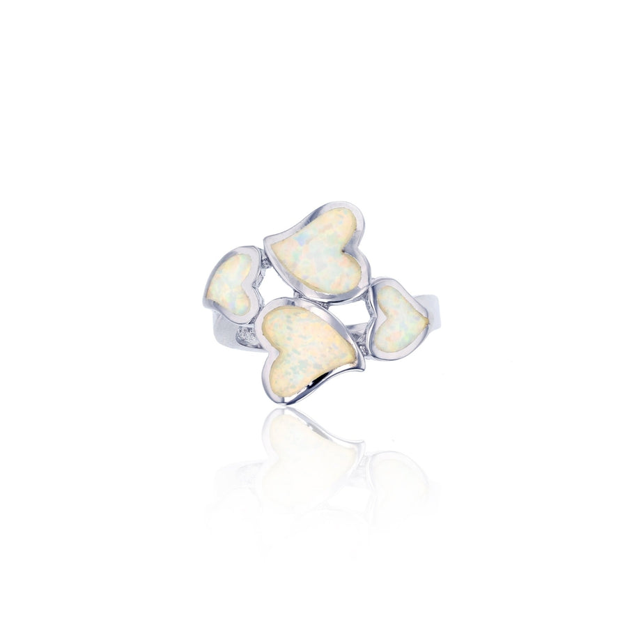 Sterling Silver Four Hearts Created White Opal Ring Image 1