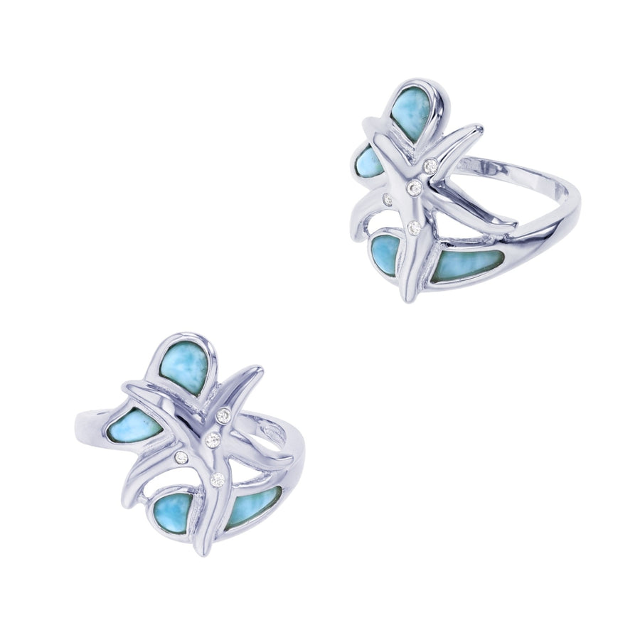 Sterling Silver Natural Larimar Starfish CZ Ring Image 1