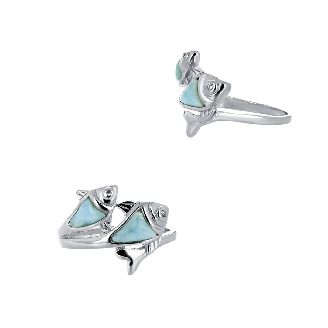 Sterling Silver Natural Larimar Double Fish Ring Image 1