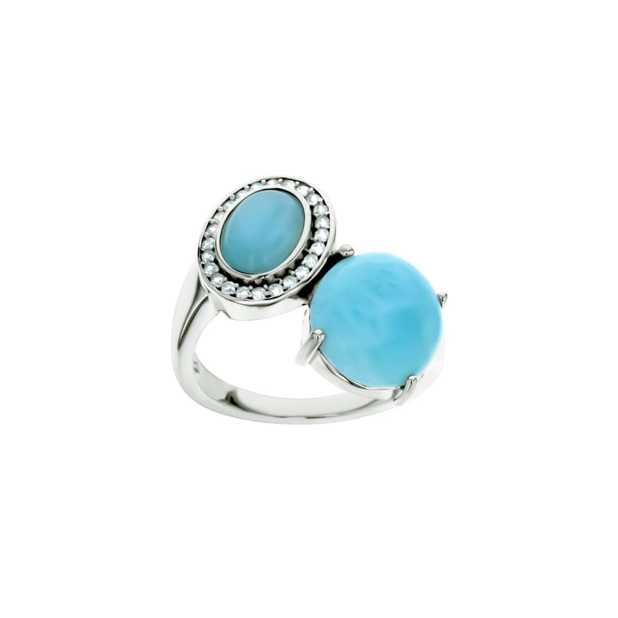 Sterling Silver Natural Larimar Crossover CZ Ring Image 1