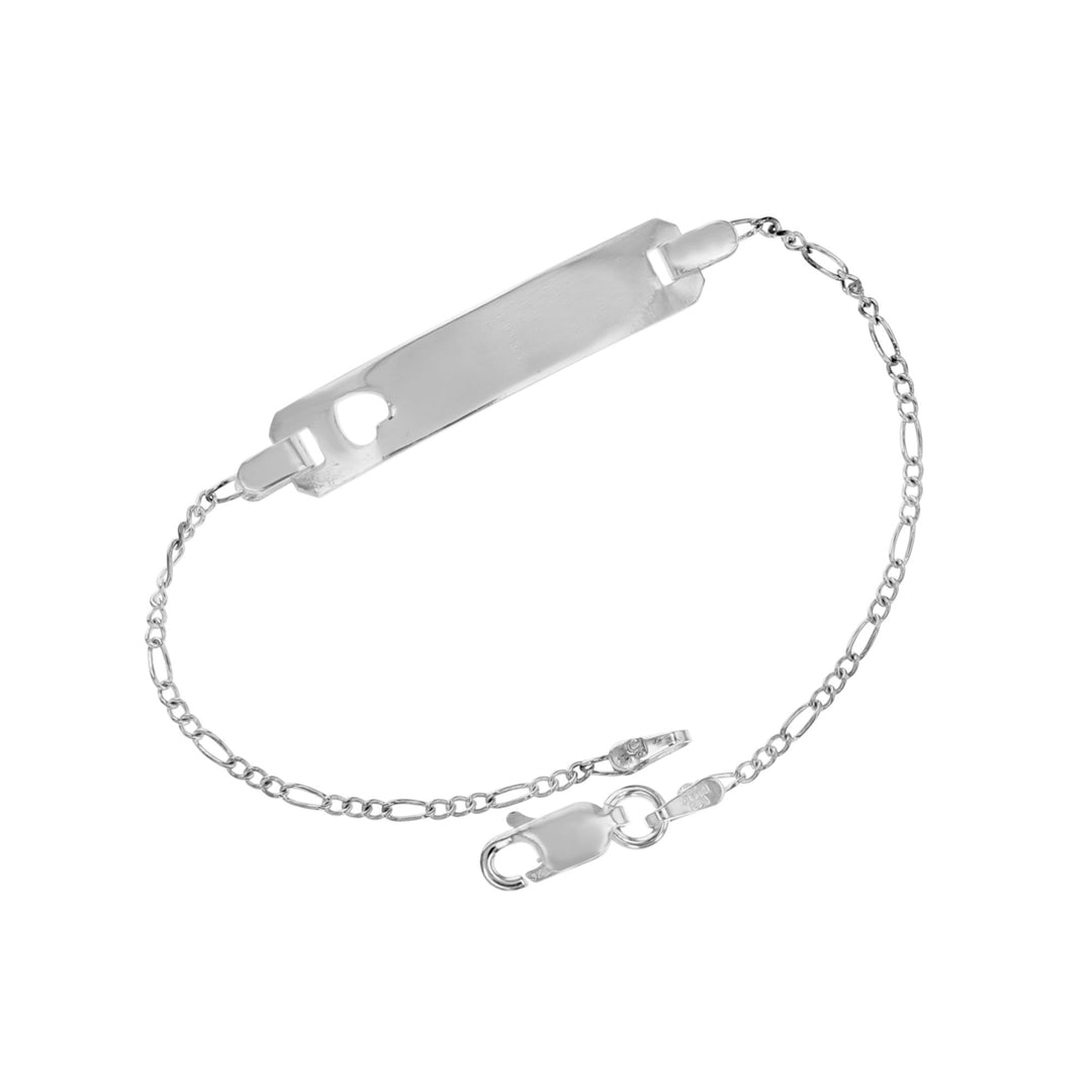 Sterling Silver 6 inch Figaro Link Cut Out Heart Baby ID Bracelet Image 1