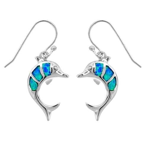 Sterling Silver Created Blue Opal Dolphin Dangle Earrings Image 1