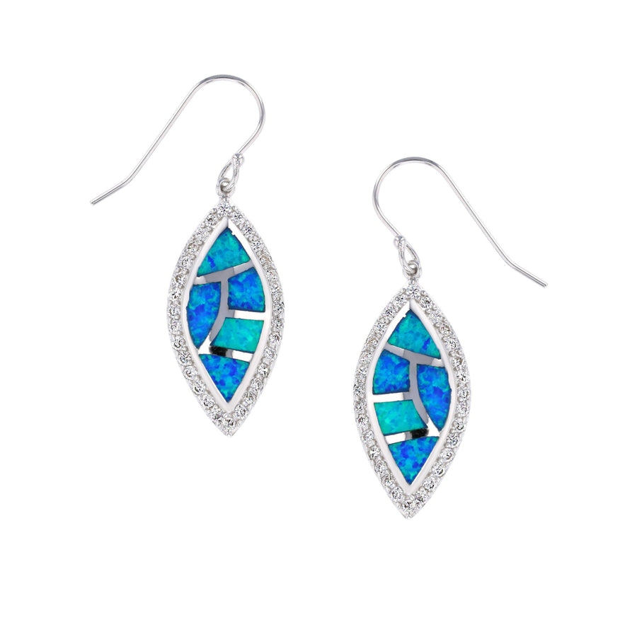 Sterling Silver Created Blue Opal Halo CZ Marquise Shape Mosaic Dangle Earrings Image 1