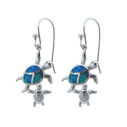 Sterling Silver Created Blue Opal Double Turtle Dangle Earrings. Image 1