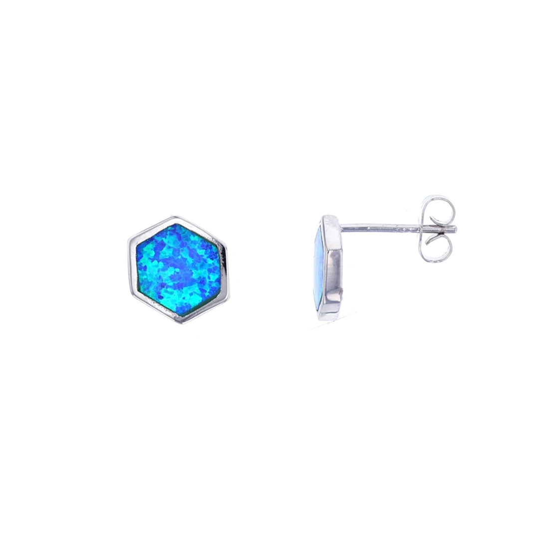 Sterling Silver Created Blue Opal Hexagon Stud Earrings Image 1