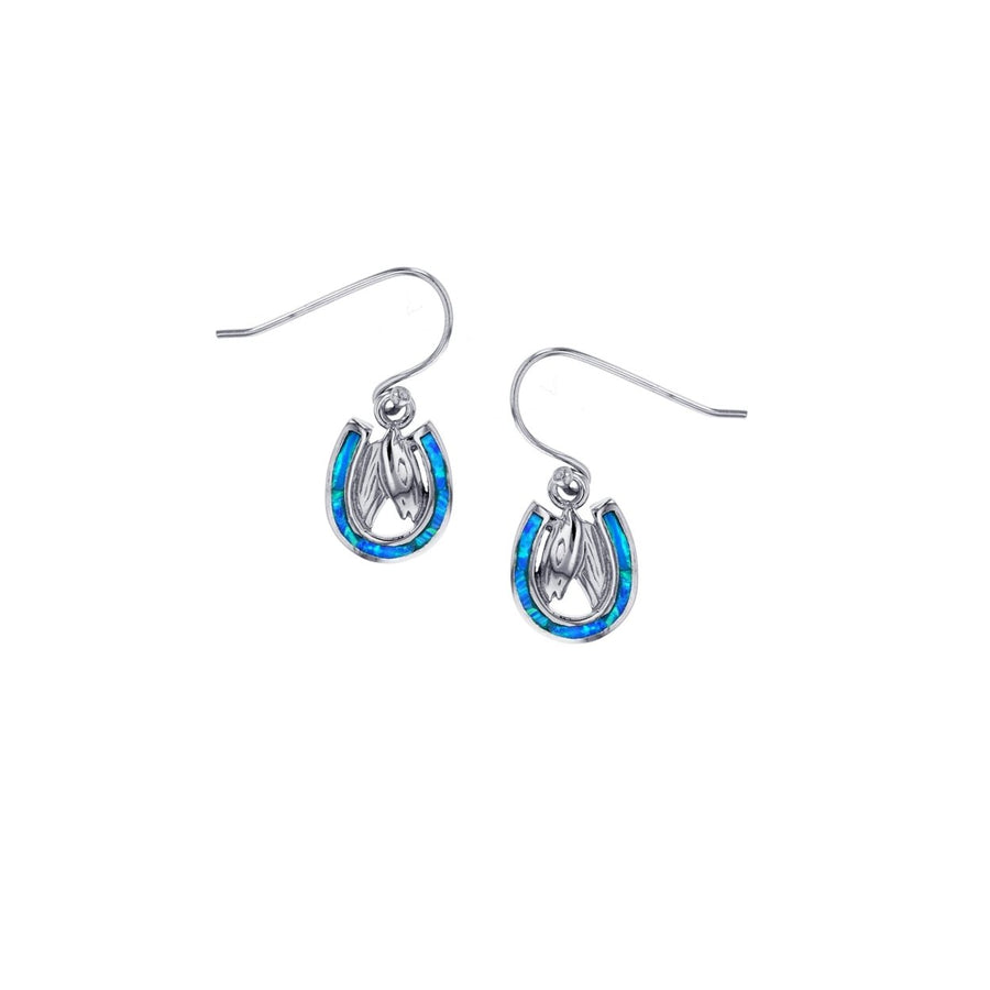 Sterling Silver Created Blue Opal Horse Shoe Dangle Earrings Image 1