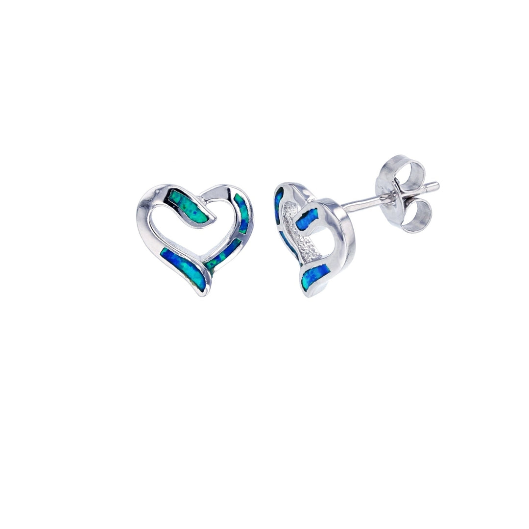 Sterling Silver Created Blue Opal Heart Post Earrings Image 1