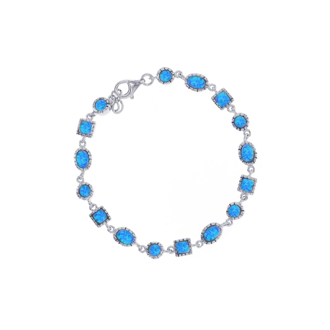 Sterling Silver Created Blue Opal Geometry Shape Link Bracelet Image 1