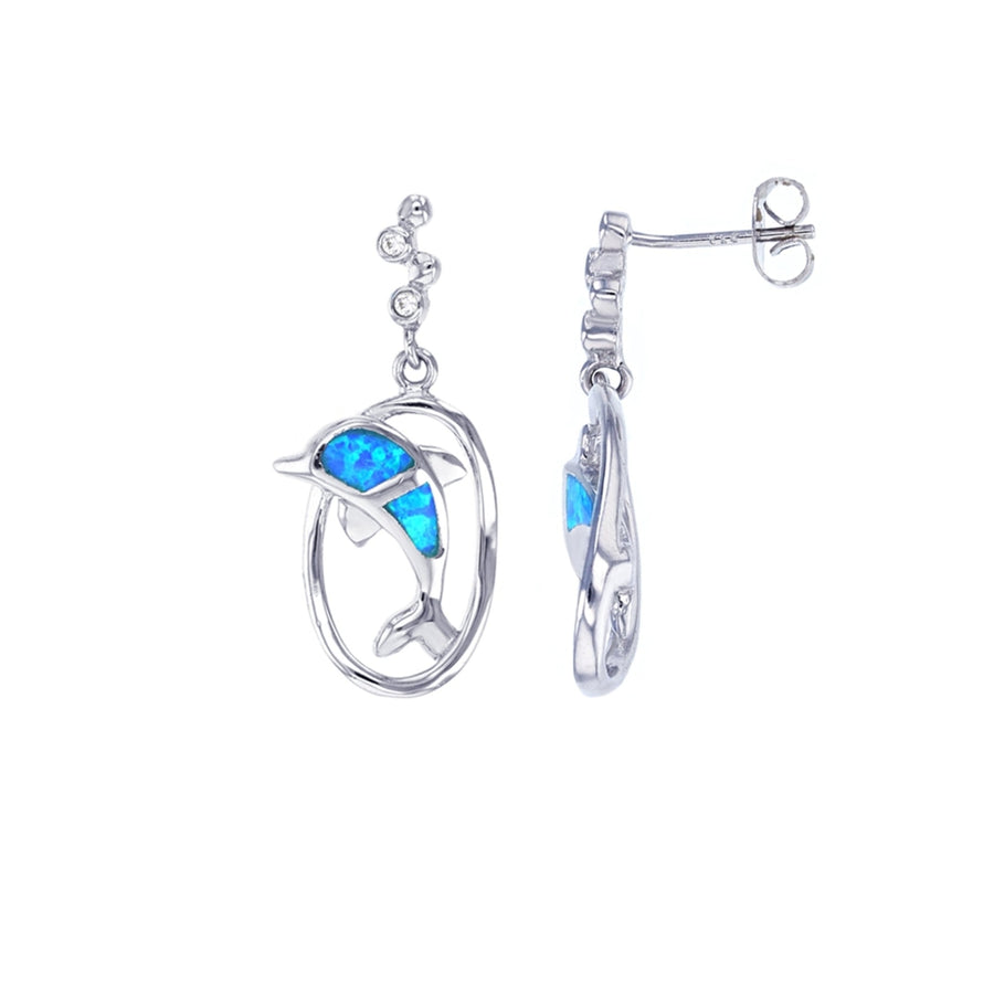 Sterling Silver Created Blue Opal Dolphin in a Loop with CZ Earrings Image 1